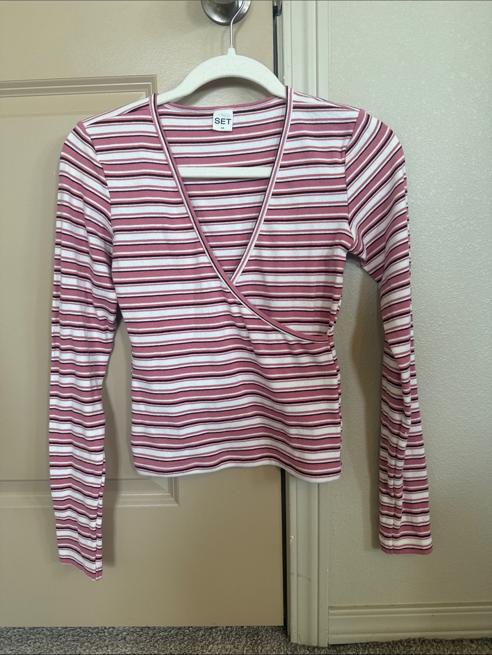 Parke x Set Active Women's Pink Striped Wrap-Front Long Sleeve Top